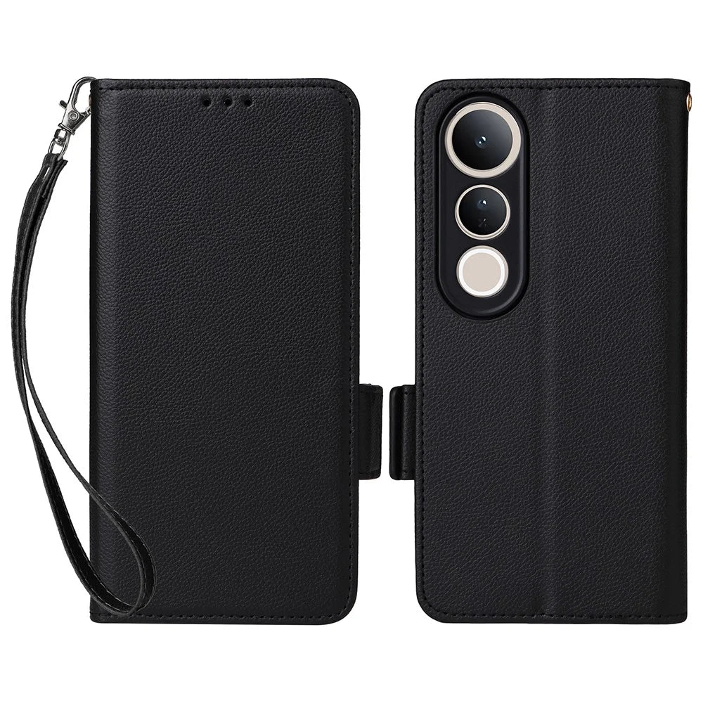 For vivo V50 Lite 4G / 5G Case with Wrist Strap Litchi Texture PU Leather Wallet Phone Cover - Black - 1
