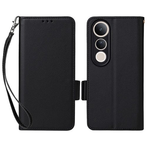 For vivo V50 Lite 4G / 5G Case with Wrist Strap Litchi Texture PU Leather Wallet Phone Cover - Black - 1