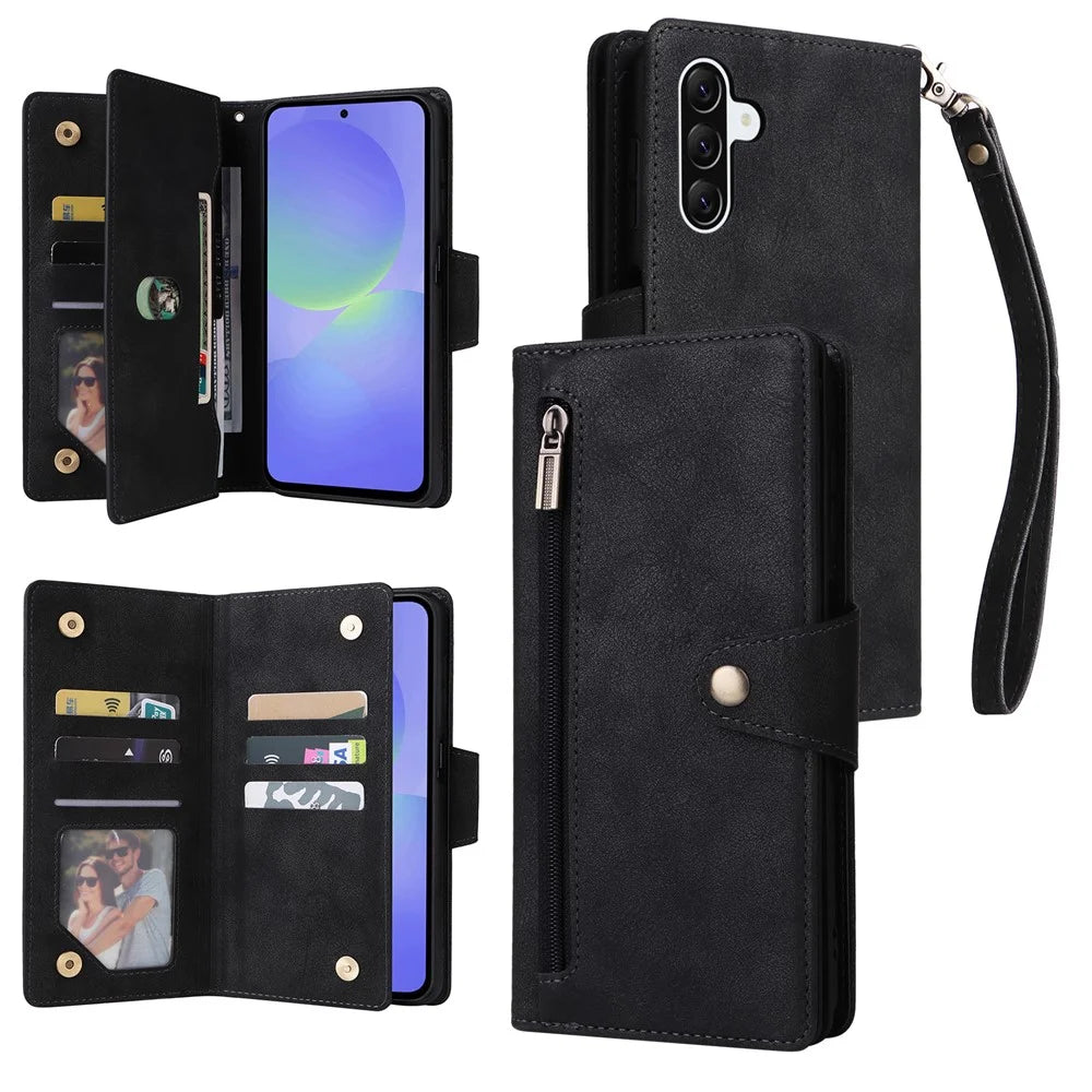 For Samsung Galaxy A36 5G Case Zipper Wallet Leather Stand Phone Cover Rivet Decor - Green - 1