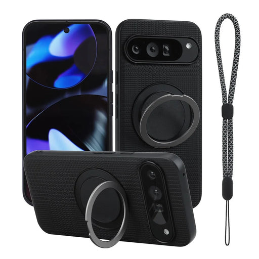 VILI D-THS Series for Google Pixel 9 Pro / 9 Magnetic Case Ring Kickstand PC TPU Phone Back Cover with Strap - Black - 1
