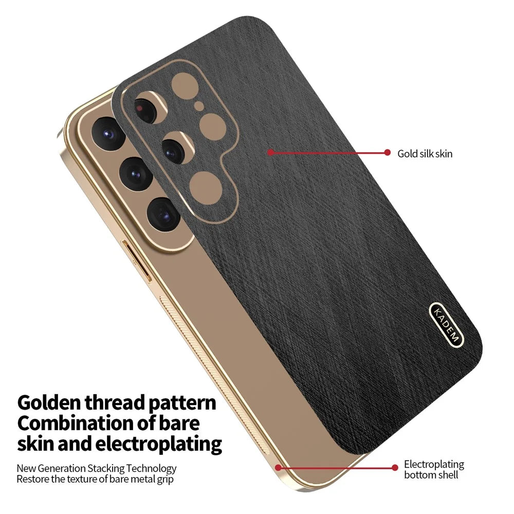 KADEM For Samsung Galaxy S23 Ultra Case Electroplating Silk Texture PU + TPU Phone Back Cover - Black - 5