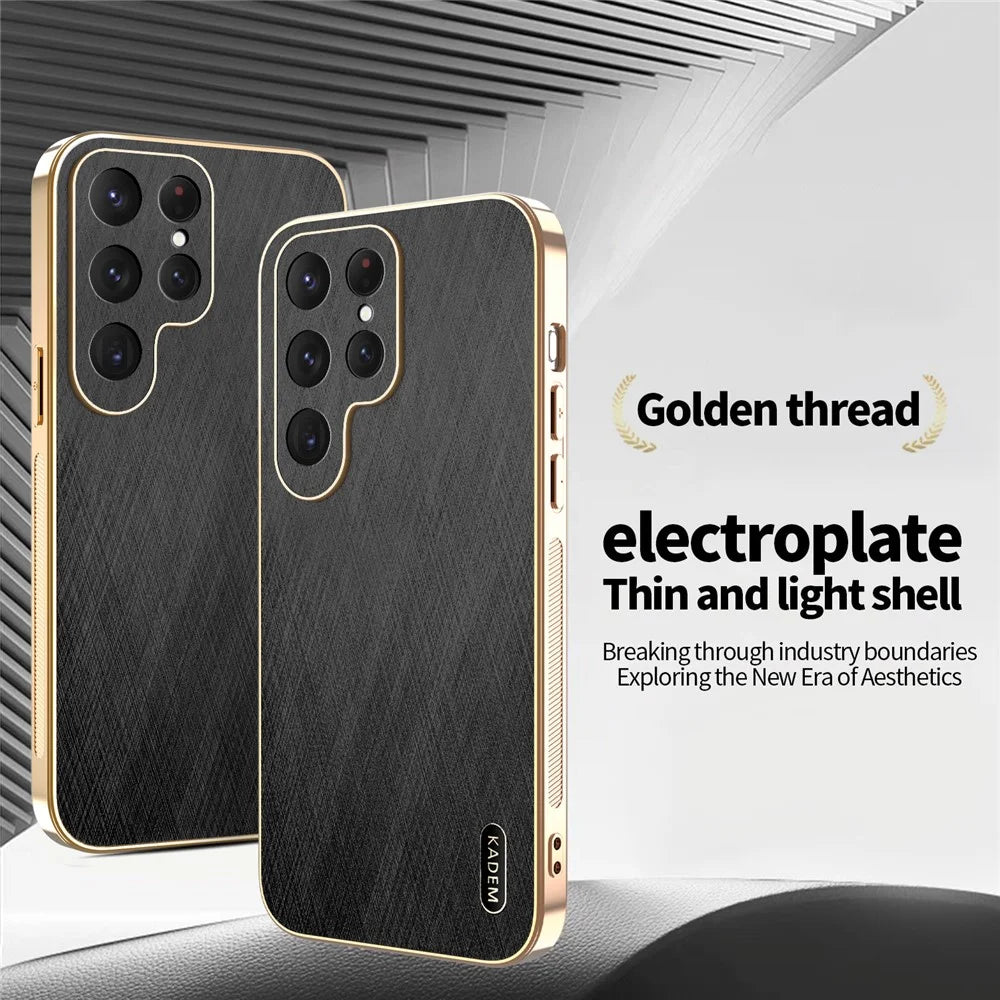 KADEM For Samsung Galaxy S24 Ultra Case Electroplating Silk Texture PU + TPU Phone Back Cover - Black - 2