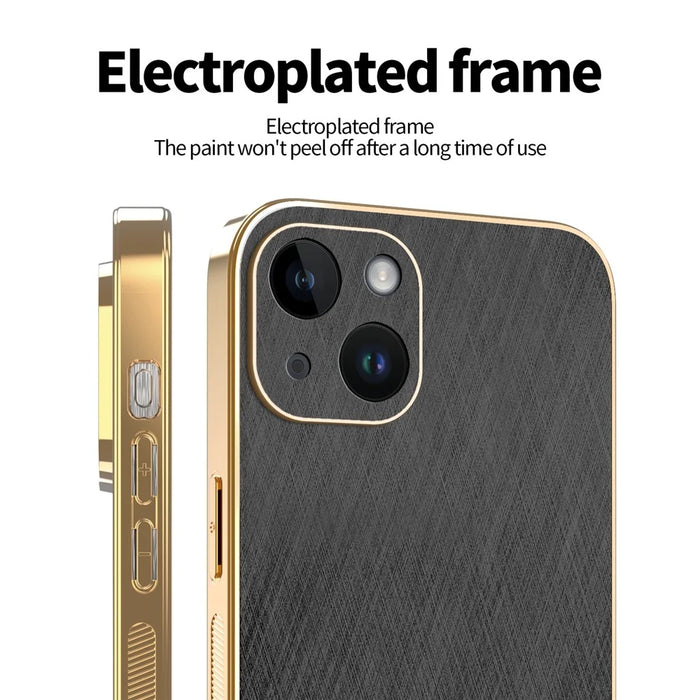 KADEM For iPhone 14 Case Electroplating Silk Texture PU + TPU Phone Back Cover - Black - 3