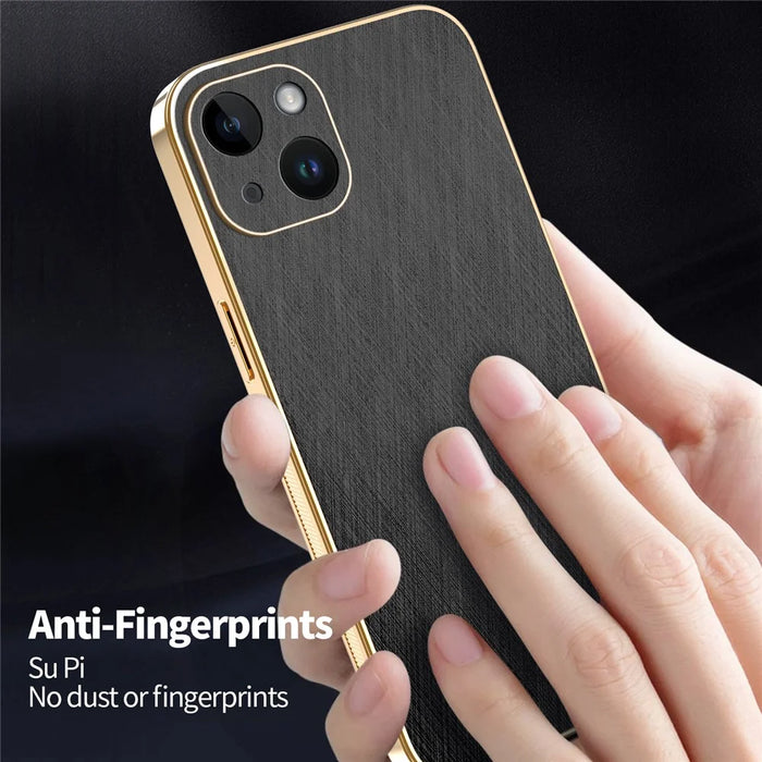 KADEM For iPhone 14 Case Electroplating Silk Texture PU + TPU Phone Back Cover - Black - 6