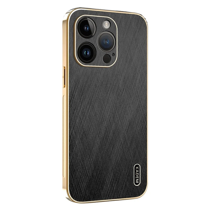 KADEM For iPhone 14 Pro Case Electroplating Silk Texture PU + TPU Phone Back Cover - Black - 1