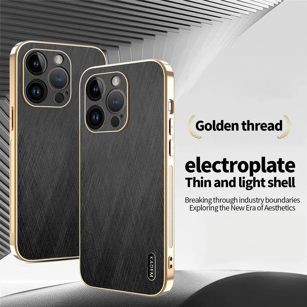 KADEM For iPhone 14 Pro Case Electroplating Silk Texture PU + TPU Phone Back Cover - Black - 2