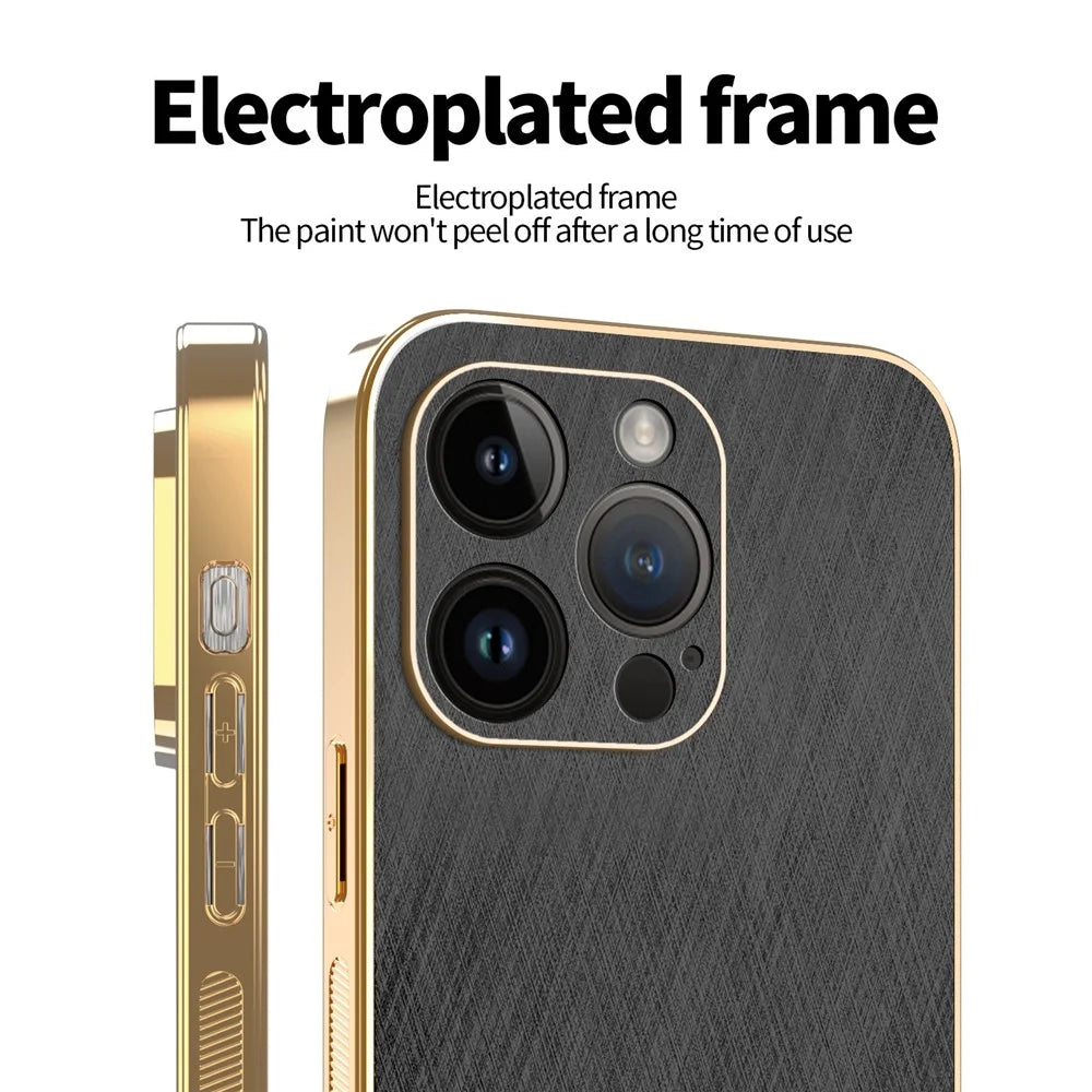 KADEM For iPhone 14 Pro Case Electroplating Silk Texture PU + TPU Phone Back Cover - Black - 3