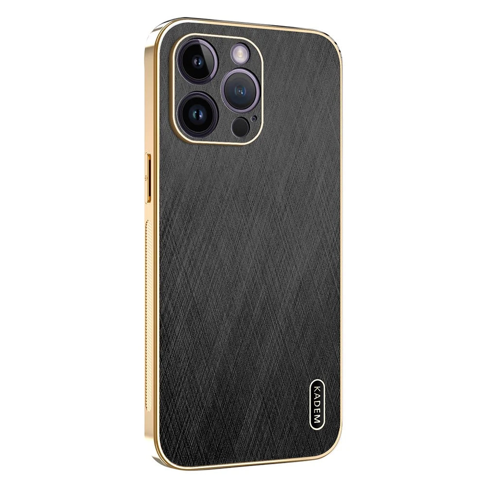 KADEM For iPhone 14 Pro Max Case Electroplating Silk Texture PU + TPU Phone Back Cover - Black - 1