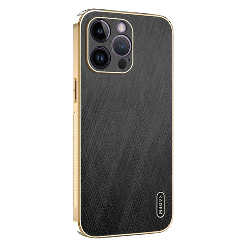 KADEM For iPhone 14 Pro Max Case Electroplating Silk Texture PU + TPU Phone Back Cover - Black - 1