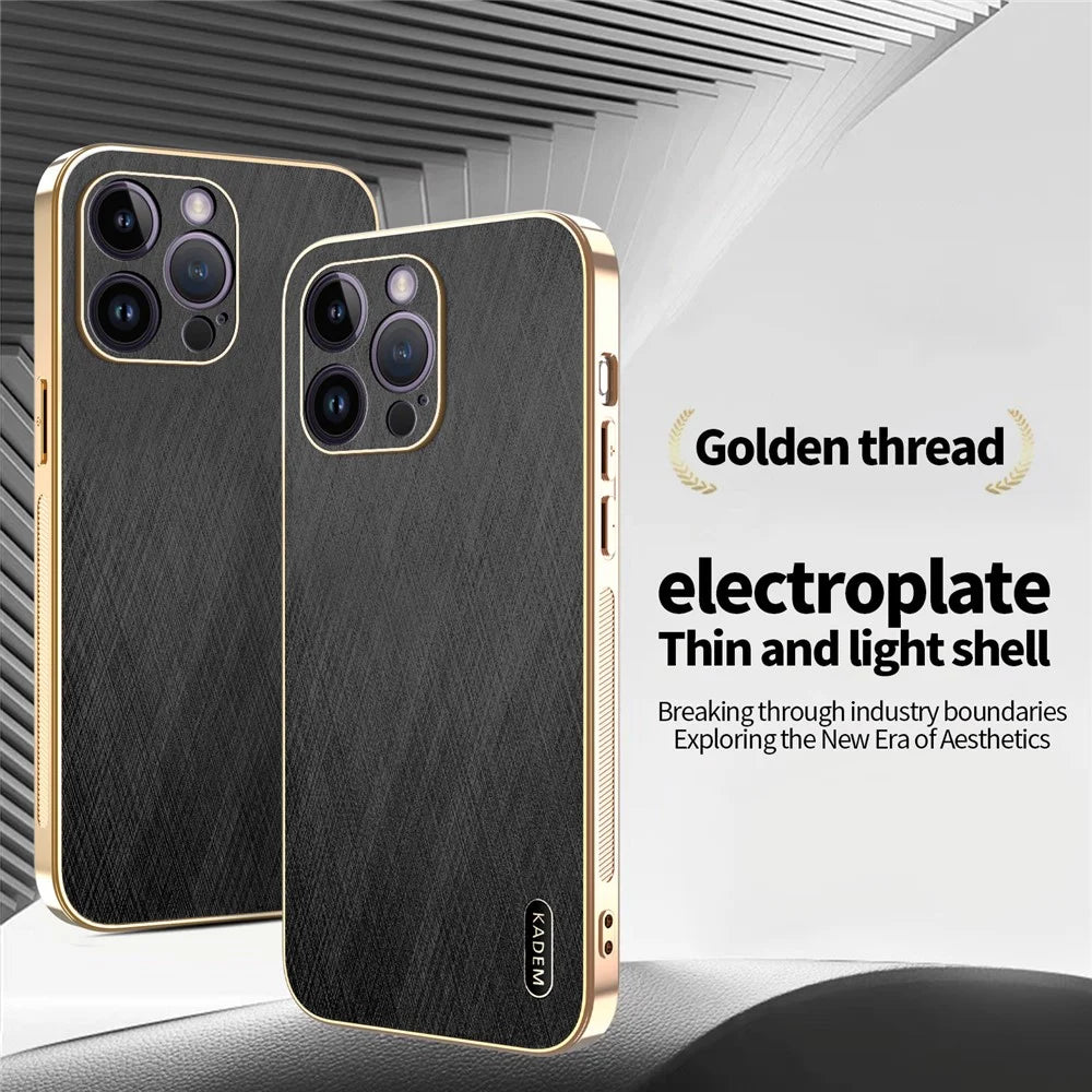 KADEM For iPhone 14 Pro Max Case Electroplating Silk Texture PU + TPU Phone Back Cover - Black - 2