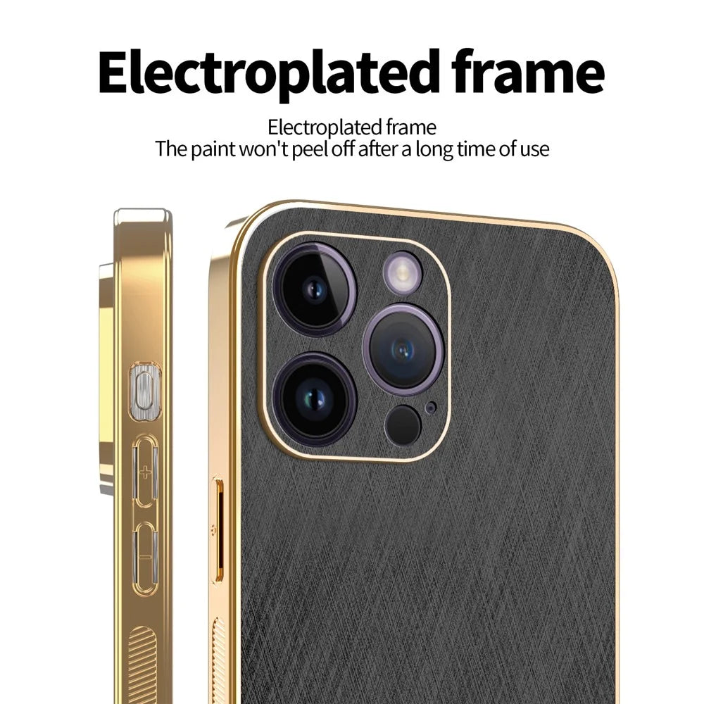 KADEM For iPhone 14 Pro Max Case Electroplating Silk Texture PU + TPU Phone Back Cover - Black - 3