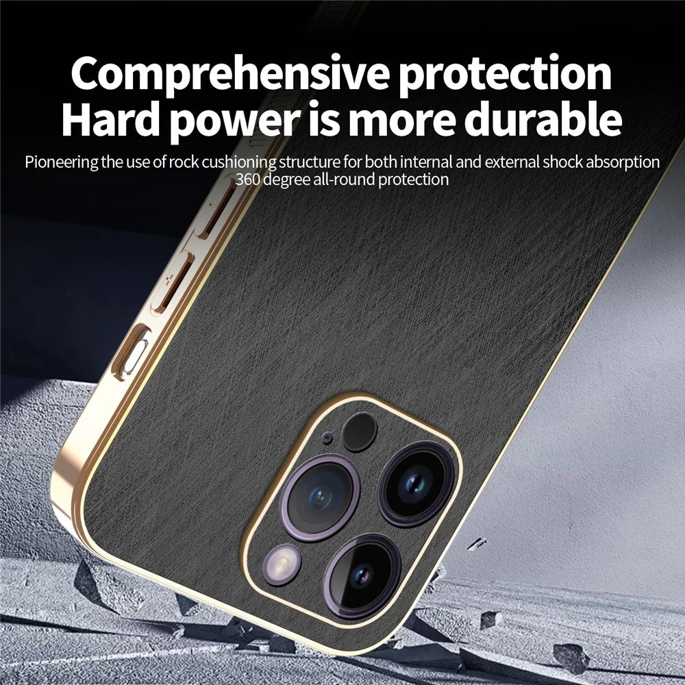 KADEM For iPhone 14 Pro Max Case Electroplating Silk Texture PU + TPU Phone Back Cover - Black - 4