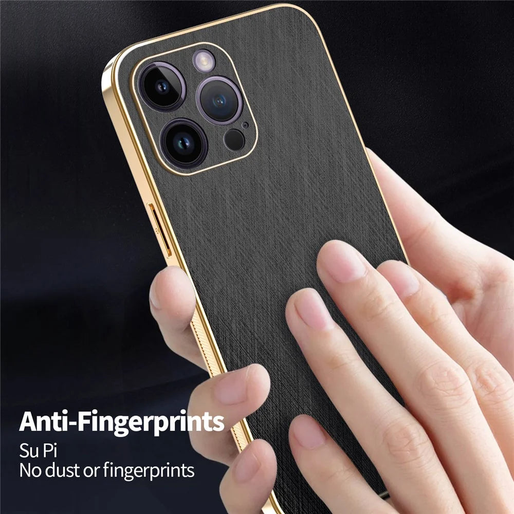 KADEM For iPhone 14 Pro Max Case Electroplating Silk Texture PU + TPU Phone Back Cover - Black - 6