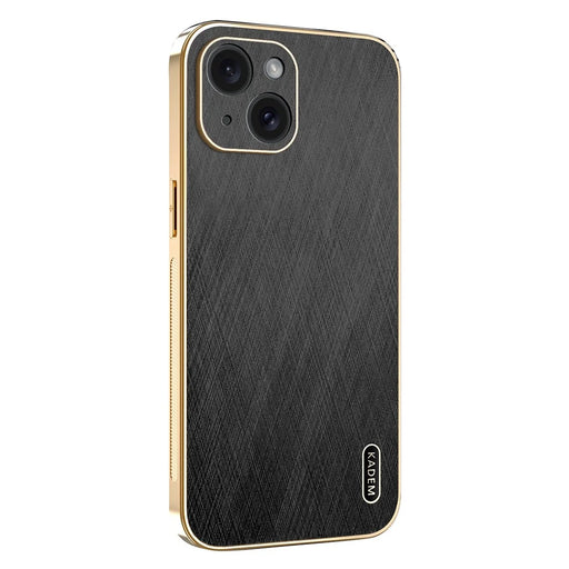 KADEM For iPhone 15 Case Electroplating Silk Texture PU + TPU Phone Back Cover - Black - 1