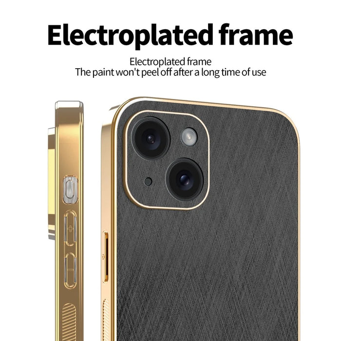 KADEM For iPhone 15 Case Electroplating Silk Texture PU + TPU Phone Back Cover - Black - 3