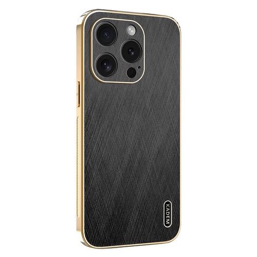 KADEM For iPhone 15 Pro Case Electroplating Silk Texture PU + TPU Phone Back Cover - Black - 1
