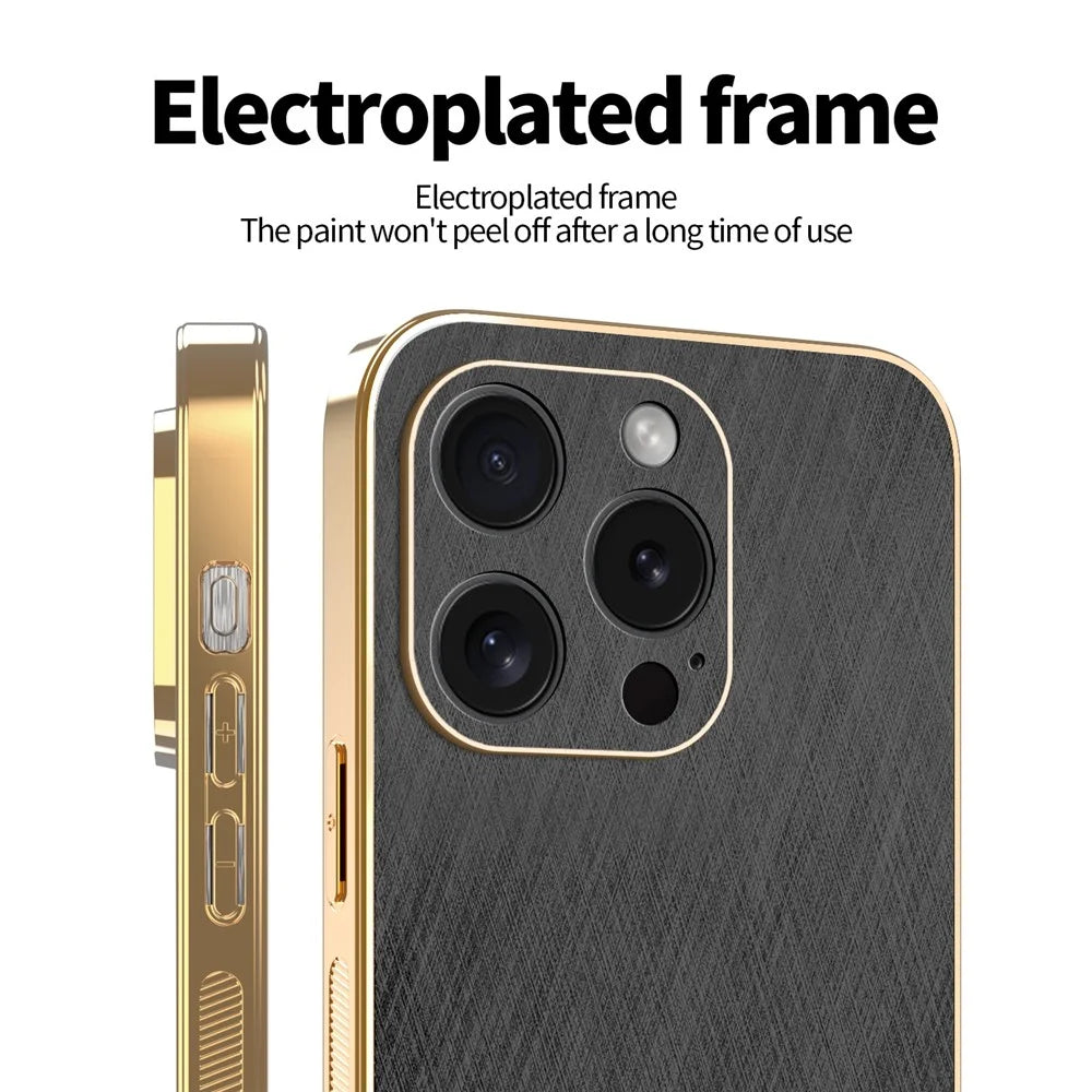 KADEM For iPhone 15 Pro Case Electroplating Silk Texture PU + TPU Phone Back Cover - Black - 3