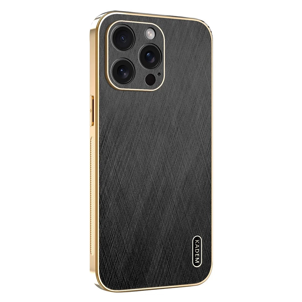 KADEM For iPhone 15 Pro Max Case Electroplating Silk Texture PU + TPU Phone Back Cover - Black - 1