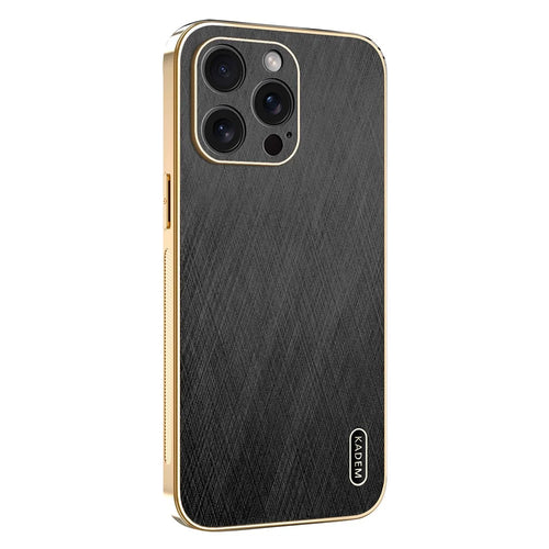 KADEM For iPhone 15 Pro Max Case Electroplating Silk Texture PU + TPU Phone Back Cover - Black - 1