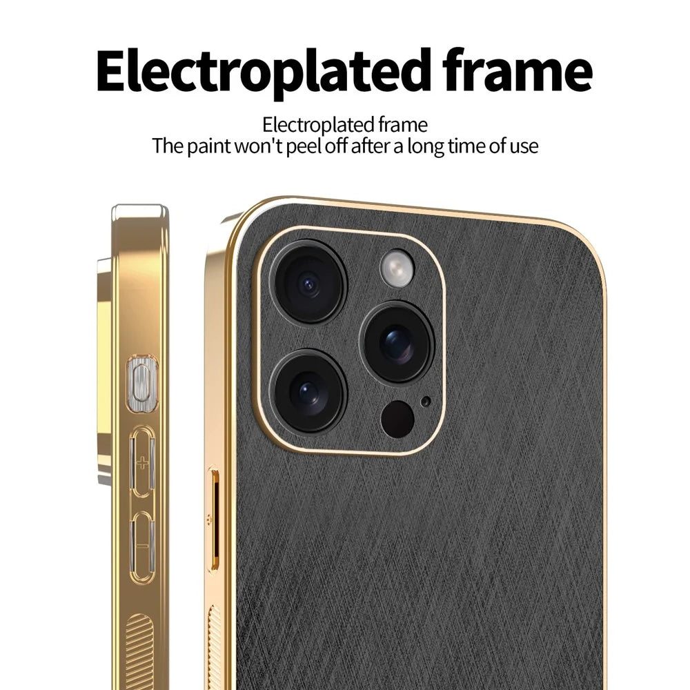 KADEM For iPhone 15 Pro Max Case Electroplating Silk Texture PU + TPU Phone Back Cover - Black - 3