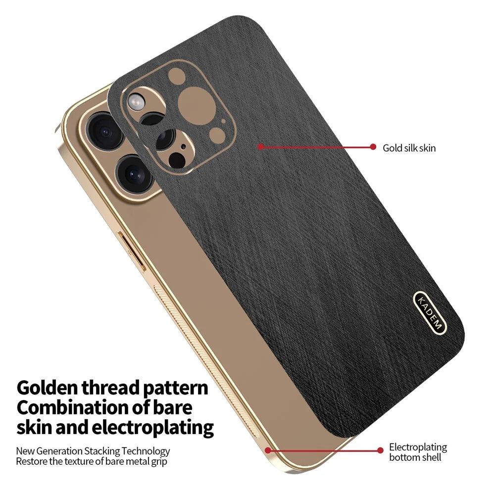 KADEM For iPhone 15 Pro Max Case Electroplating Silk Texture PU + TPU Phone Back Cover - Black - 5