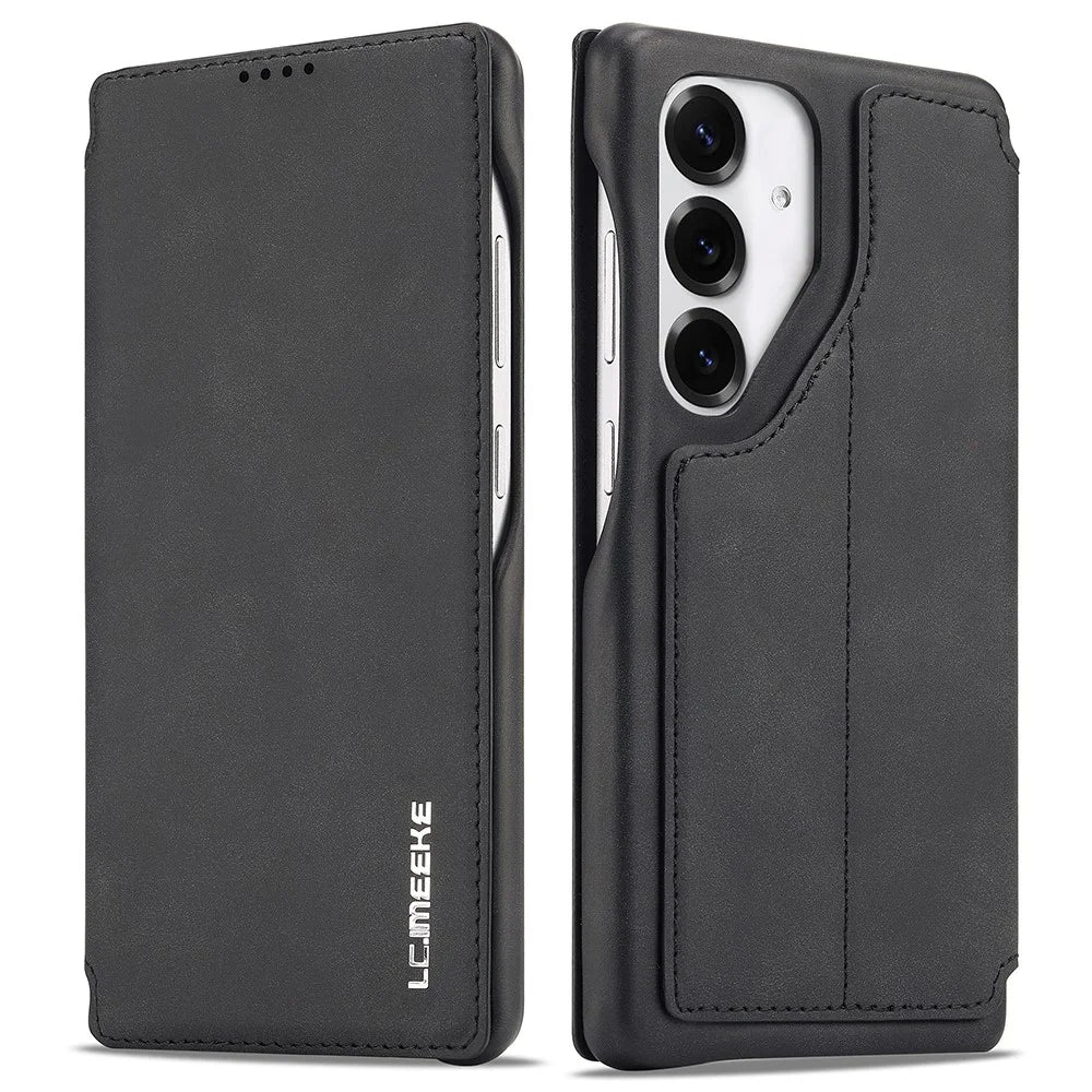 LC.IMEEKE For Samsung Galaxy S25 Case Card Holder Stand Leather Phone Cover - Black - 1
