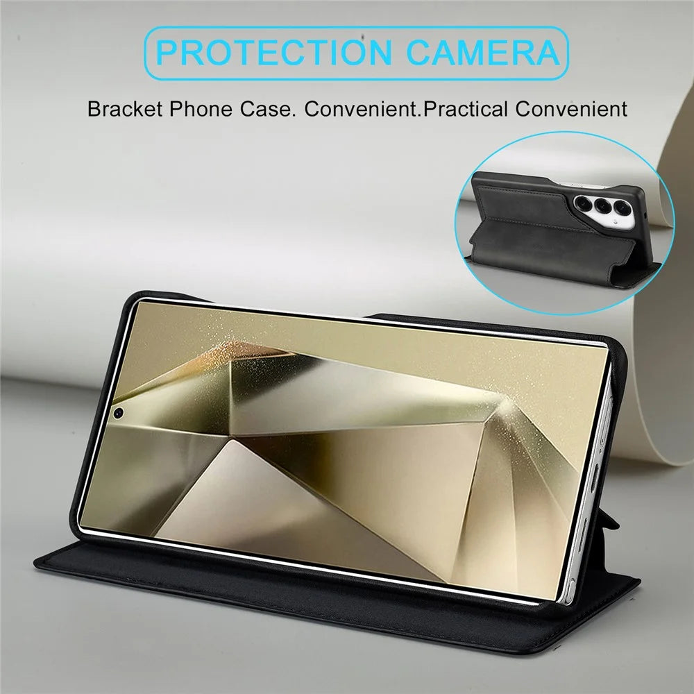 LC.IMEEKE For Samsung Galaxy S25 Case Card Holder Stand Leather Phone Cover - Black - 3