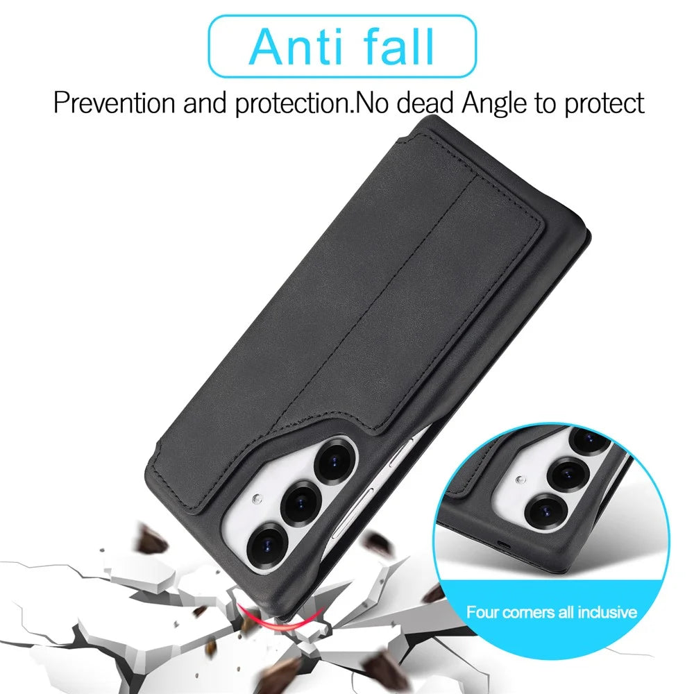 LC.IMEEKE For Samsung Galaxy S25 Case Card Holder Stand Leather Phone Cover - Black - 5