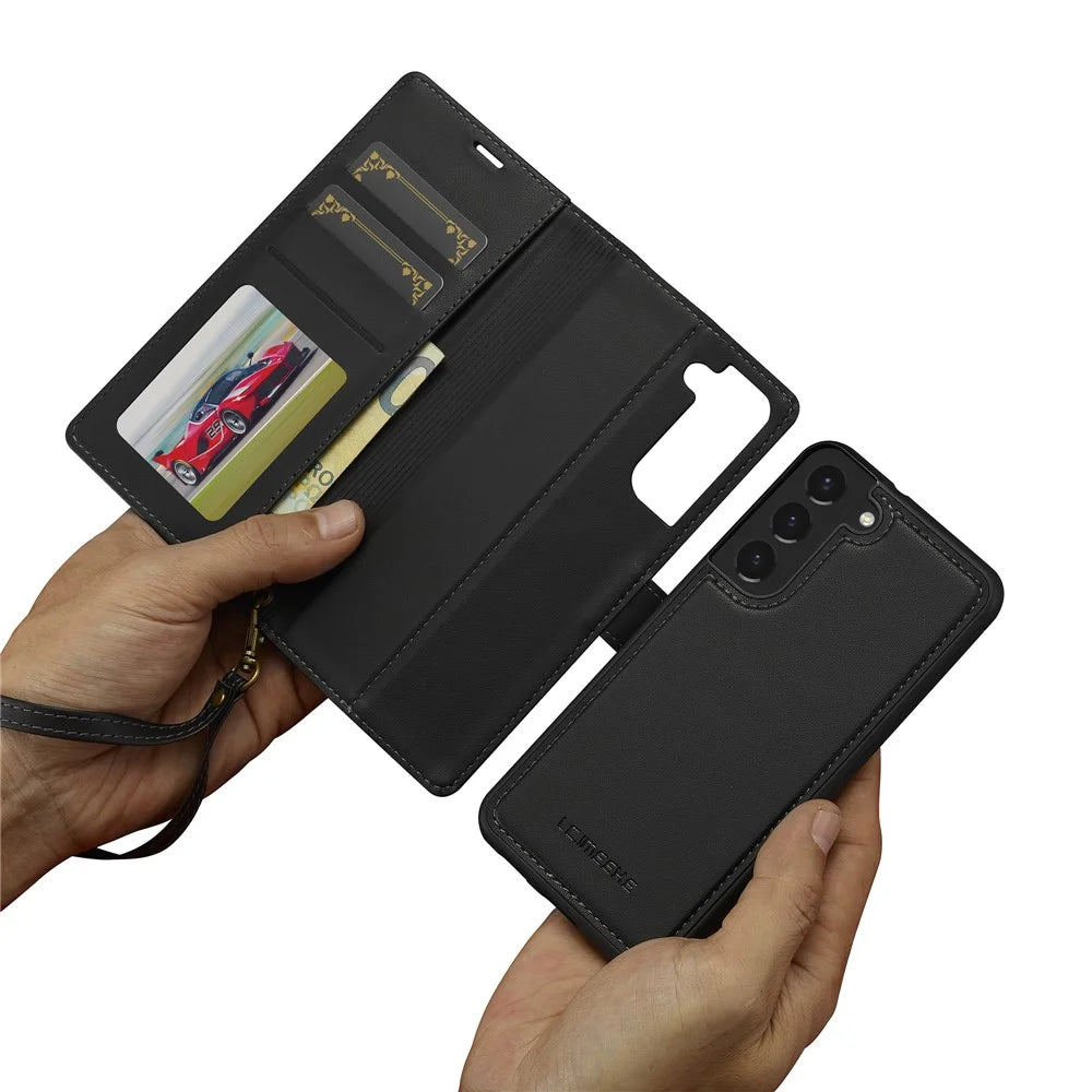 LC.IMEEKE L2 Series for Samsung Galaxy S25 / S24 Case PU Leather Wallet Detachable Magnetic Phone Cover - Black - 6