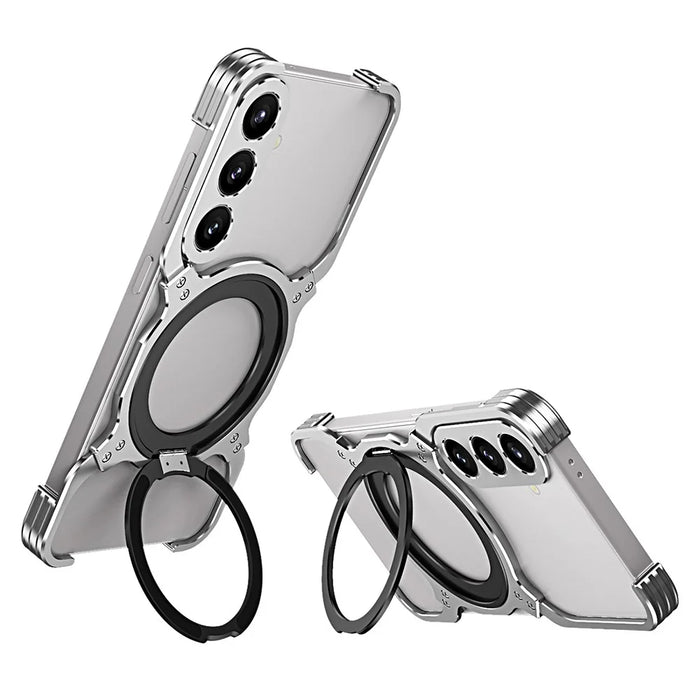 For Samsung Galaxy S24+ Case Kickstand Metal Bumper Magnetic Phone Cover - Silver / Silver - 2