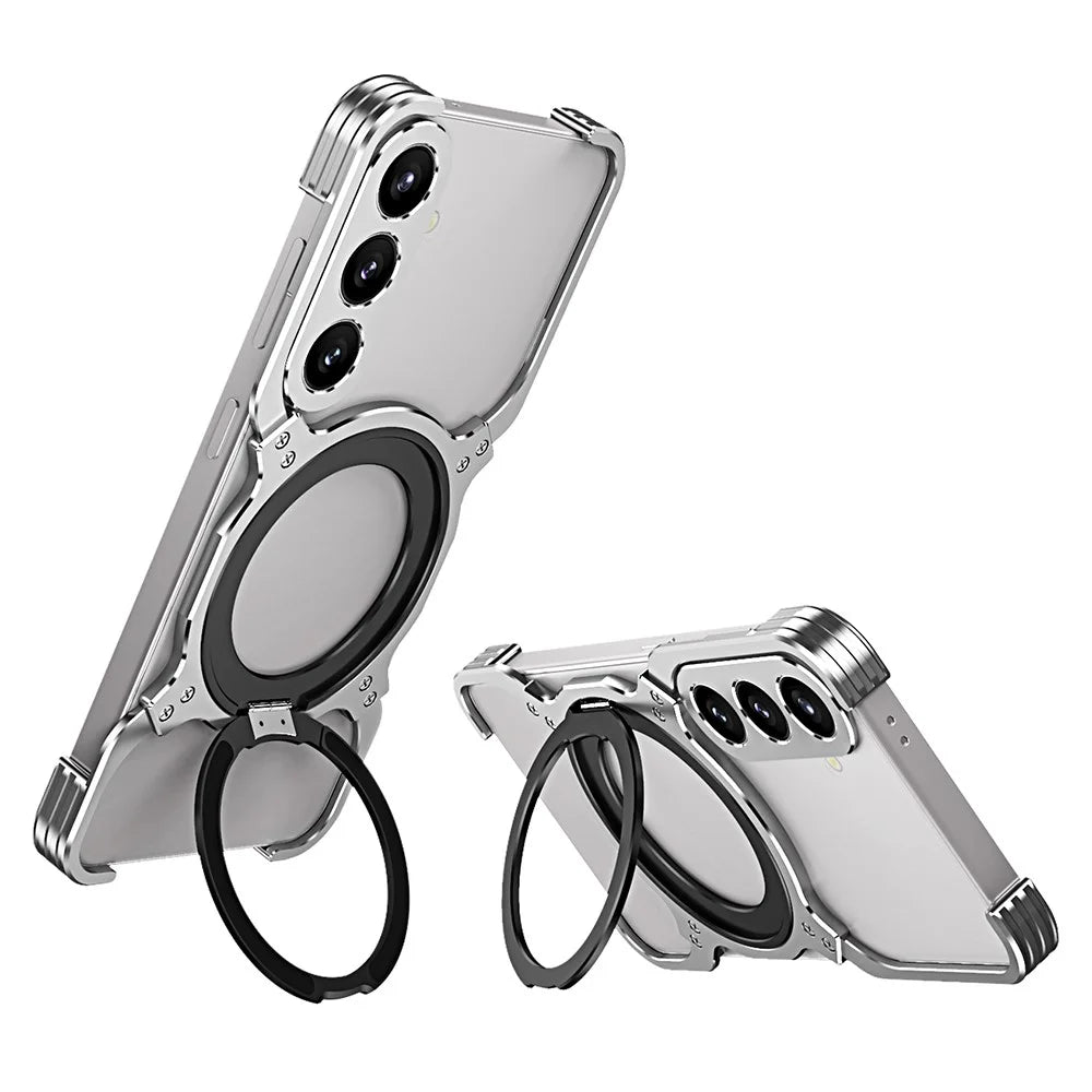 For Samsung Galaxy S24 Case Kickstand Metal Bumper Magnetic Phone Cover - Silver / Silver - 2