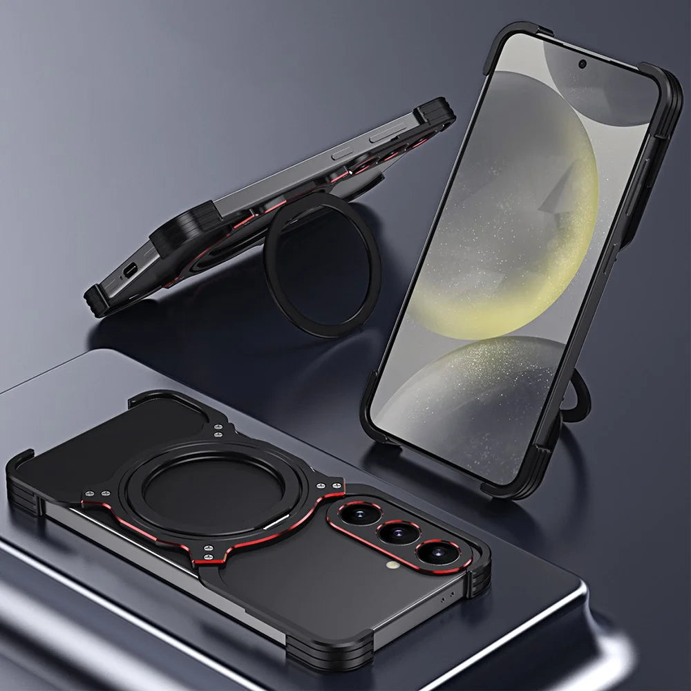 For Samsung Galaxy S24 Case Kickstand Metal Bumper Magnetic Phone Cover - Silver / Silver - 3