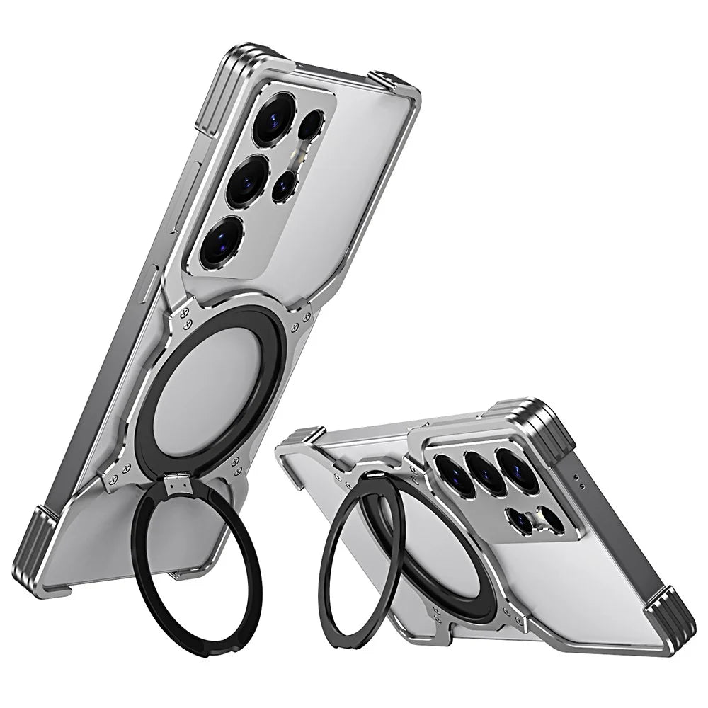 For Samsung Galaxy S25 Ultra Case Kickstand Metal Bumper Magnetic Phone Cover - Silver / Silver - 2