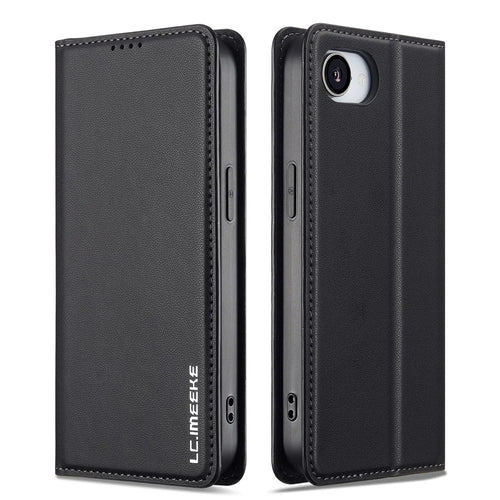 LC.IMEEKE L1 Series for iPhone 17e / 16e Case PU Leather Wallet Stand Protective Phone Cover - Black - 1