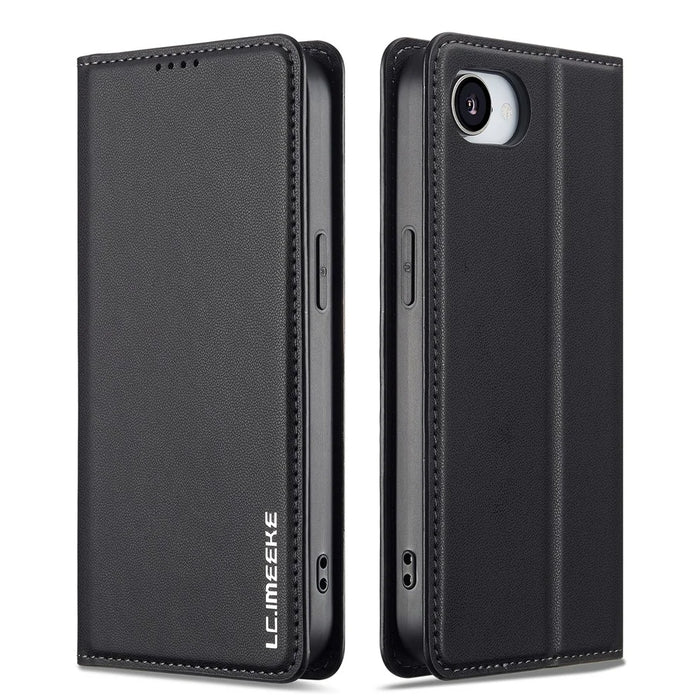LC.IMEEKE L1 Series for iPhone 17e / 16e Case PU Leather Wallet Stand Protective Phone Cover - Black - 1