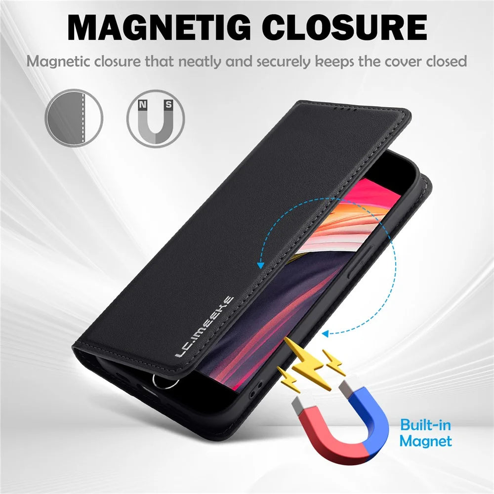 LC.IMEEKE L1 Series for iPhone 17e / 16e Case PU Leather Wallet Stand Protective Phone Cover - Black - 4