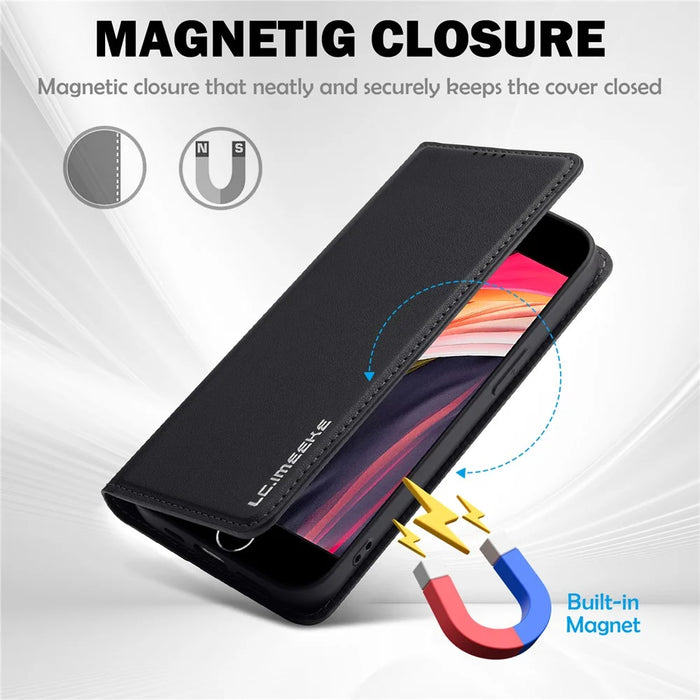 LC.IMEEKE L1 Series for iPhone 17e / 16e Case PU Leather Wallet Stand Protective Phone Cover - Black - 4