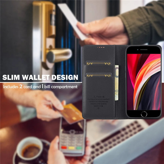 LC.IMEEKE L1 Series for iPhone 17e / 16e Case PU Leather Wallet Stand Protective Phone Cover - Black - 5