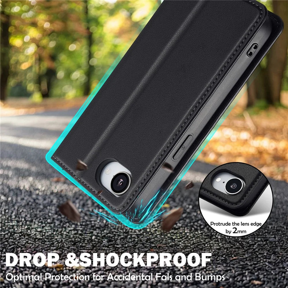 LC.IMEEKE L1 Series for iPhone 17e / 16e Case PU Leather Wallet Stand Protective Phone Cover - Black - 6