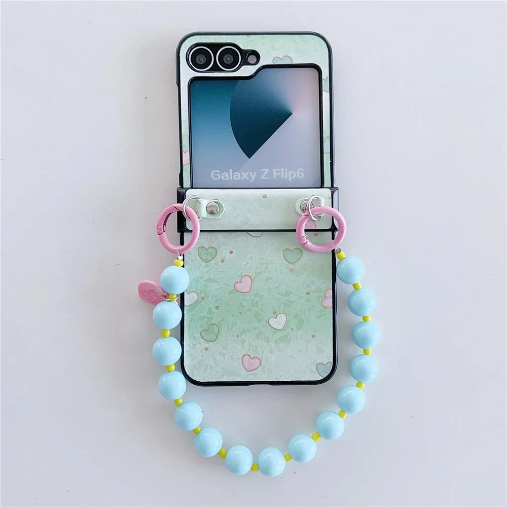For Samsung Galaxy Z Flip7 FE 5G / Z Flip6 5G Case Anti Drop PC + PU Phone Back Cover with Beaded Strap Pattern Design - Green Heart - 2