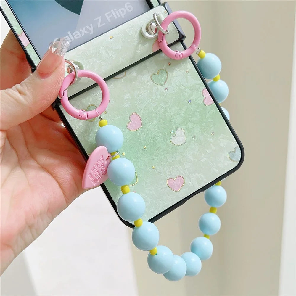 For Samsung Galaxy Z Flip7 FE 5G / Z Flip6 5G Case Anti Drop PC + PU Phone Back Cover with Beaded Strap Pattern Design - Green Heart - 6