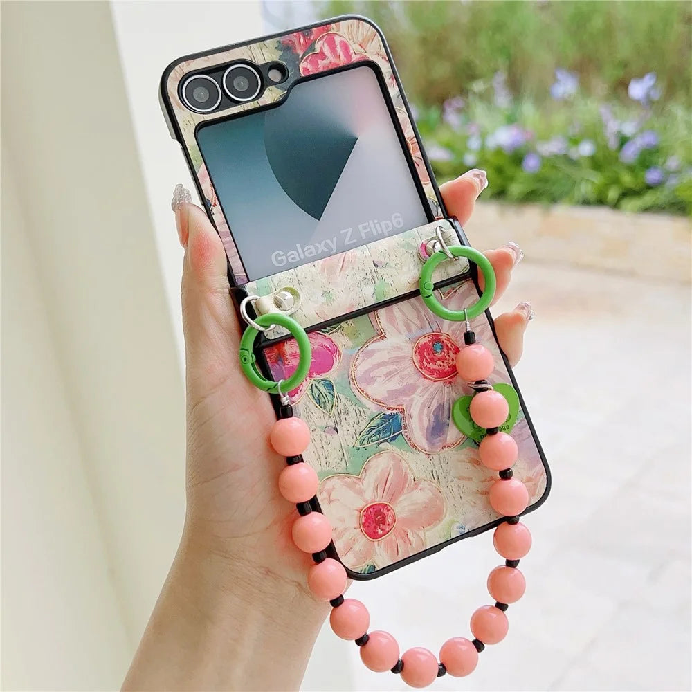 For Samsung Galaxy Z Flip7 FE 5G / Z Flip6 5G Case Floral Pattern PU + PC Protective Phone Cover with Strap - Pink Flower - 1