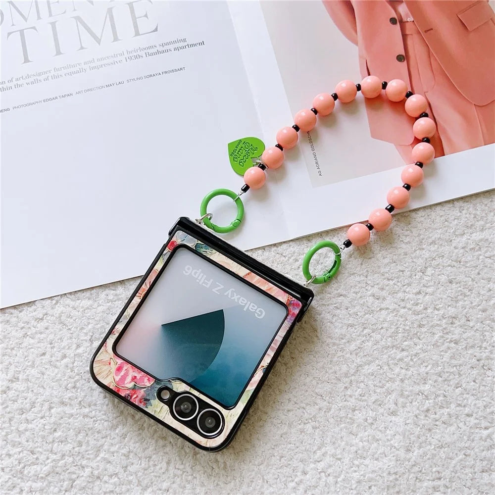 For Samsung Galaxy Z Flip7 FE 5G / Z Flip6 5G Case Floral Pattern PU + PC Protective Phone Cover with Strap - Pink Flower - 3