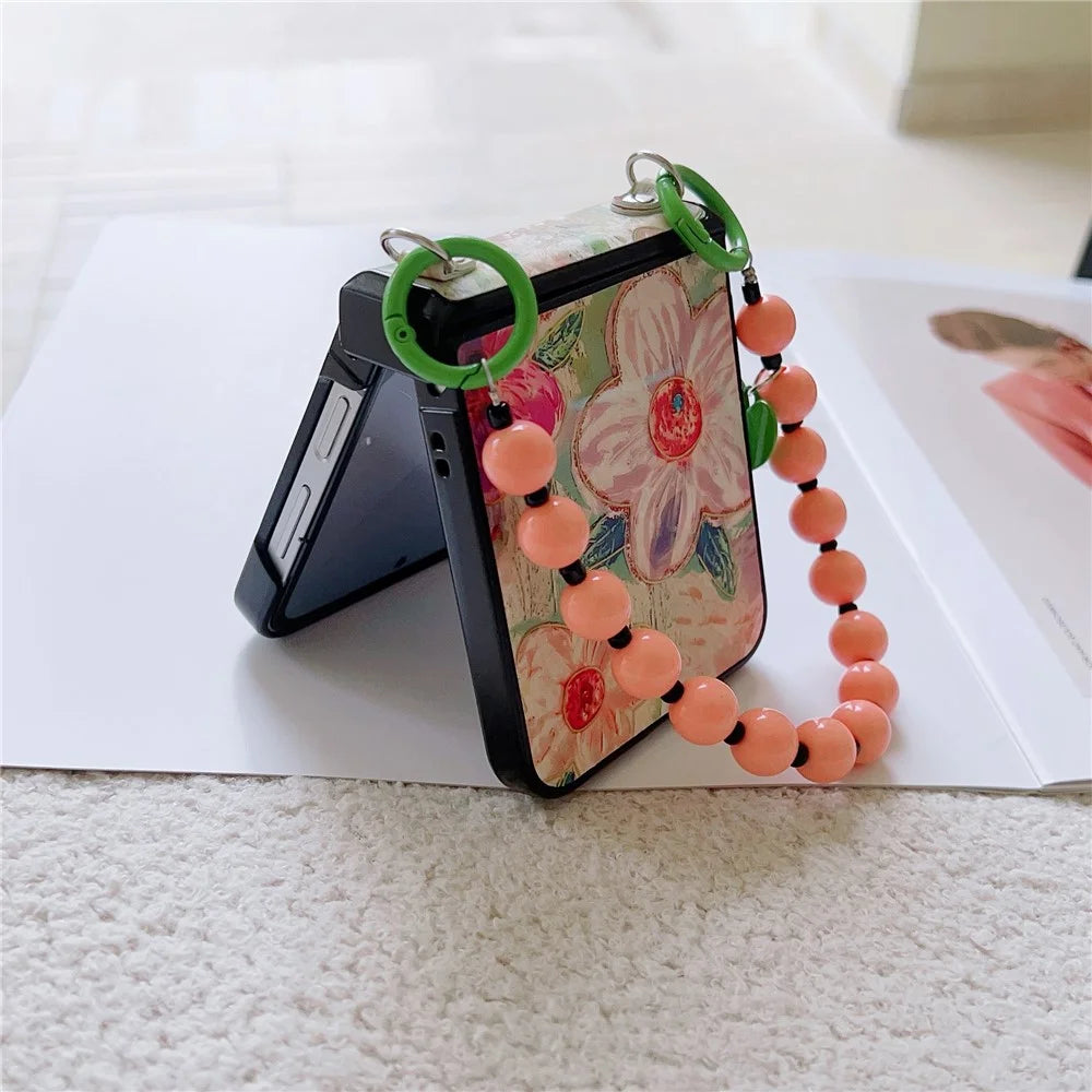 For Samsung Galaxy Z Flip7 FE 5G / Z Flip6 5G Case Floral Pattern PU + PC Protective Phone Cover with Strap - Pink Flower - 4