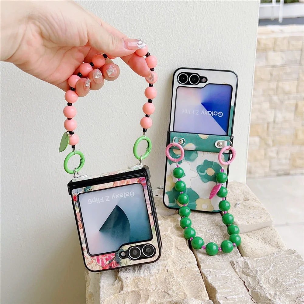 For Samsung Galaxy Z Flip7 FE 5G / Z Flip6 5G Case Floral Pattern PU + PC Protective Phone Cover with Strap - Pink Flower - 5