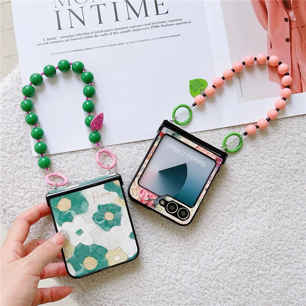 For Samsung Galaxy Z Flip7 FE 5G / Z Flip6 5G Case Floral Pattern PU + PC Protective Phone Cover with Strap - Pink Flower - 6