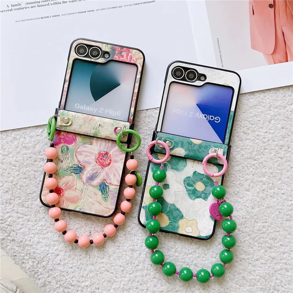 For Samsung Galaxy Z Flip7 FE 5G / Z Flip6 5G Case Floral Pattern PU + PC Protective Phone Cover with Strap - Pink Flower - 7