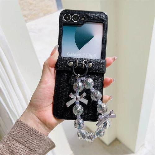 For Samsung Galaxy Z Flip7 FE 5G / Z Flip6 5G Case Silk Texture Luxury Style PU Leather + PC Phone Cover with Butterfly Bow Strap - Black - 1