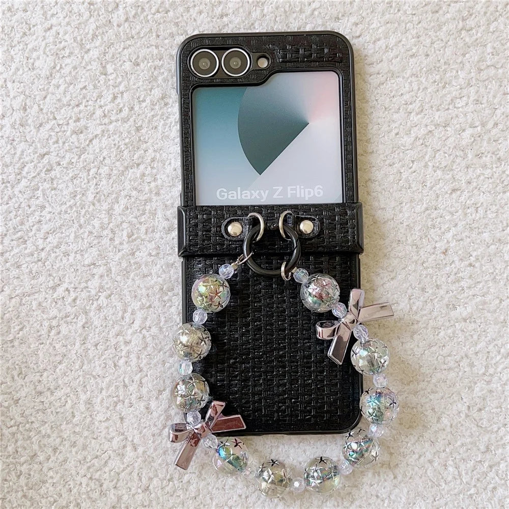 For Samsung Galaxy Z Flip7 FE 5G / Z Flip6 5G Case Silk Texture Luxury Style PU Leather + PC Phone Cover with Butterfly Bow Strap - Black - 2