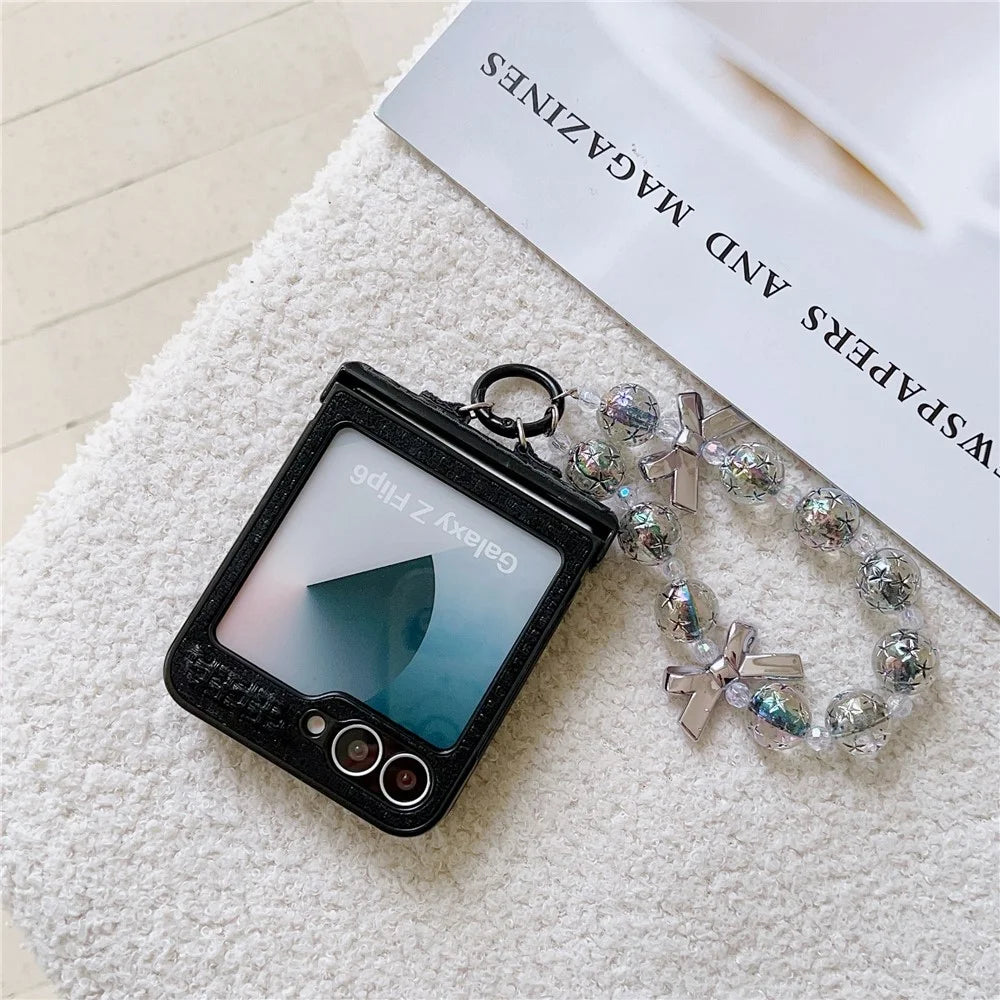 For Samsung Galaxy Z Flip7 FE 5G / Z Flip6 5G Case Silk Texture Luxury Style PU Leather + PC Phone Cover with Butterfly Bow Strap - Black - 4